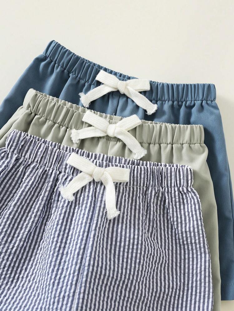 SHEIN 3件套婴幼儿男女通用杏色格子纯色条纹弹力腰休闲短裤套装，柔软舒适的夏季运动服 - 彩色 - 查看 3