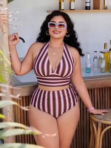 Swim Mod 2026 New Colorful Striped Print Deep V-Neck Side Drawstring High Waist Bikini Bottom, Sexy Vacation Beach Outfit - Multicolor - View 4