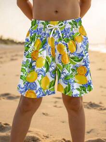 SHEIN Quần short đi biển dáng rộng, thắt eo bằng dây rút, in hình quả chanh, thích hợp cho bé trai. - Màu vàng - Xem 1