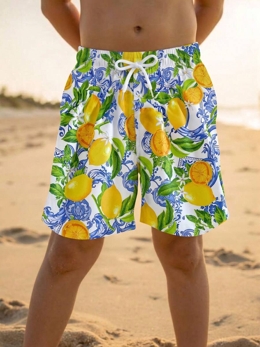 SHEIN Quần short đi biển dáng rộng, thắt eo bằng dây rút, in hình quả chanh, thích hợp cho bé trai. - Màu vàng - Xem 1