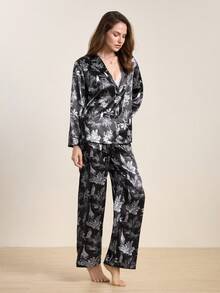 Hourtrue 2 piezas Conjunto de pijama de lujo con estampado animal, top de manga larga con cuello en V profundo + pantalones de pierna ancha, ropa de casa casual - Negro - Ver 5
