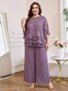 Reflora Bộ đồ 2 món dành cho nữ cỡ lớn, in họa tiết hoa, gồm áo tay lửng 3/4 và quần ống rộng. - Màu tím - Xem 5