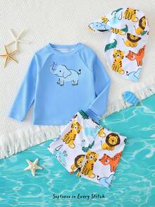 Cozy Pixies Bộ đồ bơi dài tay in hình động vật dễ thương màu xanh dương dành cho bé trai và bé gái, kèm mũ chống nắng, thích hợp cho đi biển, bơi lội và kỳ nghỉ. - Màu xanh lam - Xem 1