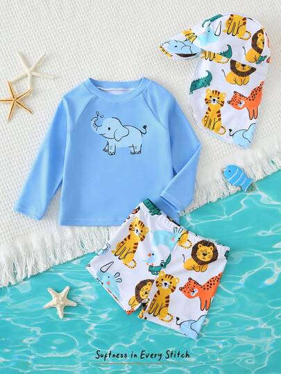Cozy Pixies 3pcs Baby Boy Cartoon Elephant Print Raglan Sleeve Top, Shorts And Swim Cap Swimsuit Set