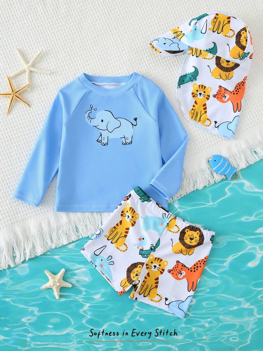 Cozy Pixies Bộ đồ bơi dài tay in hình động vật dễ thương màu xanh dương dành cho bé trai và bé gái, kèm mũ chống nắng, thích hợp cho đi biển, bơi lội và kỳ nghỉ. - Màu xanh lam - Xem 1