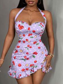 Slaydiva Vestido ajustado mini con estampado de cerezas 2025 nuevo - Púrpura malva - Ver 7