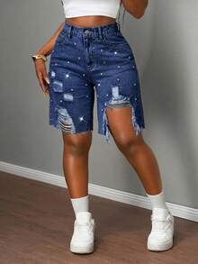 Slaydiva Plus Size Women Casual Everyday Wear Distressed Pocket Button Denim Shorts - Dark Wash - View 3