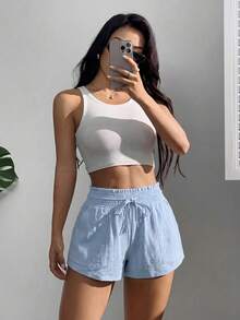 SHEIN EZwear 2026夏季女式休闲纯色浅蓝色抽绳腰侧口袋短裤 - 淺藍色 - 查看 6