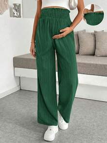 SHEIN Pregnant Women's Casual Vacation Solid Color Textured Fabric Drawstring Waist Loose Wide Leg Pants, Spring/Summer/Autumn - Dark Green - View 7