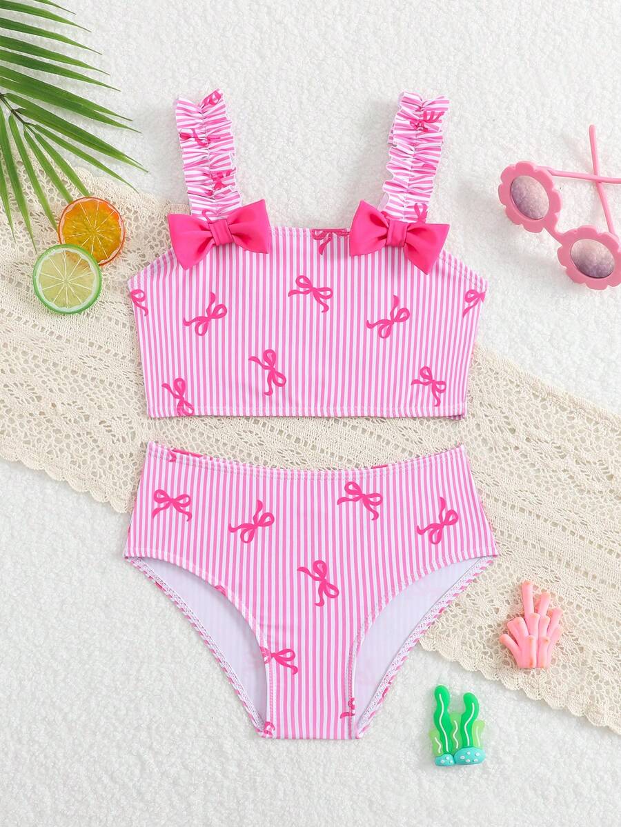 Conjunto de bikini de niña con estampado aleatorio, decorado con lazo y rayas para el verano y la playa - Rosa - Ver 1