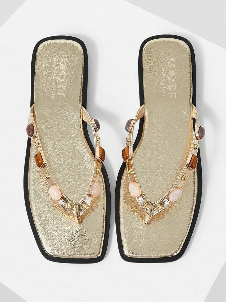 WOMEN'S SHOES SPRING AND SUMMER NEW OUTDOOR WOMEN'S FLAT-BOTTOMED SQUARE HEAD GOLD PINCH SLIPPERS WOMEN'S THICK-SOLED CASUAL VERSATILE BEACH SANDALS