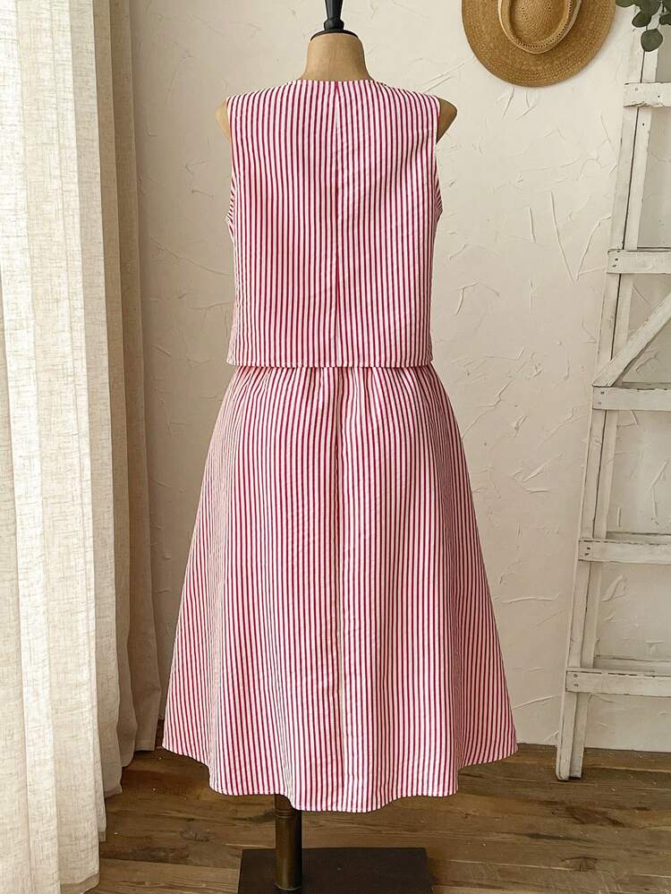 Plus Size Summer Casual Striped Tank Top And Pleated Hem Skirt 2 Pieces Set Summer Summer Outfit For Women Festival Outfits For Women Beach Outfits For Women Vacation Outfits Women Holiday Outfits  For Women Country Concert Outfit
