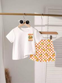 SHEIN Playful Pals 4件組小男孩休閒白色夏季套裝，椰子樹與漸層印花短袖T恤及短褲套裝，舒適日常穿著，拍照適用 - 彩色 - 查看 2