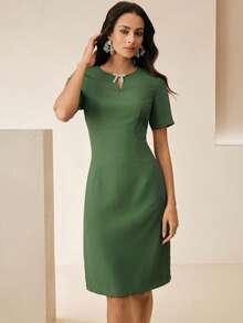 Anewsta New Summer Round Neck V-Neck Bow Design Cinched Waist Elegant Green Sequin Short Sleeve Midi Dress, Suitable For Outfit, Party Dinner Date Festival - Green - View 4