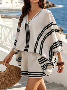 Balvessa Women's 2026 Spring/Summer New Placement Print Striped Loose Blouse And Shorts 2 Pieces Set - Apricot - View 7