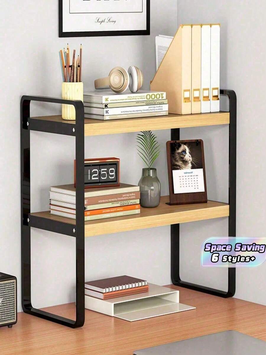 1PC Multi Layer Wooden And Metal Multi Purpose Desktop Storage Rack Student Bookshelf Office Computer Display Shelf Kitchen Organizer Bathroom Caddy Cosmetic Holder For Living Room Kitchen Dining Room Bathroom Bedroom Home Organization Space Saving Sturdy Versatile Holiday Gift - Multicolor - View 1