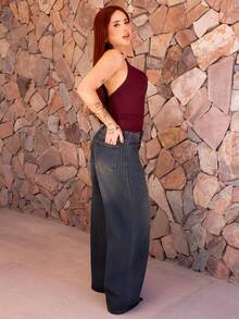 FER DURAN FER DURAN New Y2K Metal Ring Decor Commuter Versatile Draped Neck Tie Strap Women Tank Top - Burgundy - View 6