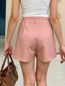 EMERY ROSE Women's Casual Pleated Loose Shorts, Solid Color, Suitable For Daily Wear And Commuting, Summer - Baby Pink - View 2