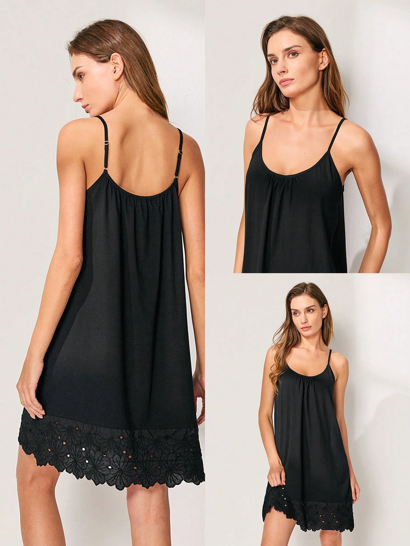 Besticktes, sexy schwarzes Nachthemd aus Baumwolle, Damen Pyjamas Slip Kleid
