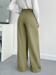 SHEIN Tall 女款純色高腰寬腿長褲，適合高個女性 - 橄欖綠 - 查看 2