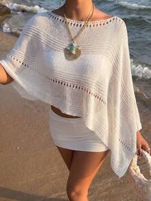 SHEIN Franclia Nouveaux hauts d'été pour femmes, tenues de vacances pour femmes, tenues de vacances pour femmes, Top poncho en tricot ajouré blanc pour femmes - encolure bateau, ourlet asymétrique, rayures horizontales et détails d'œillets, charme bohème côtier et style de superposition décontracté - Nude - Voir 3