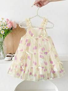 SHEIN 女婴花卉刺绣雪纺精致3D蝴蝶结装饰黄色吊带裙 - 紫色 - 查看 6