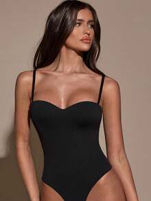 SHEIN BAE Bodysuit Camisole Wanita Warna Polos Modis untuk Acara Malam di Klub, Hitam, Musim Panas, Seksi, Halloween - Hitam - View 7