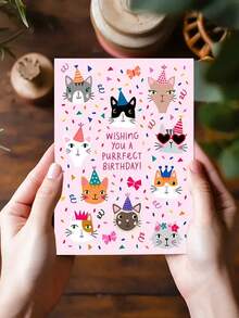 1pc Cute Cat Design Birthday Greeting Card, Suitable For Cat Lovers To Send To Family, Partner, Friends, And Colleagues (Random Envelope Color Included) Back To School,Back To School,School Supplies - pink - View 5