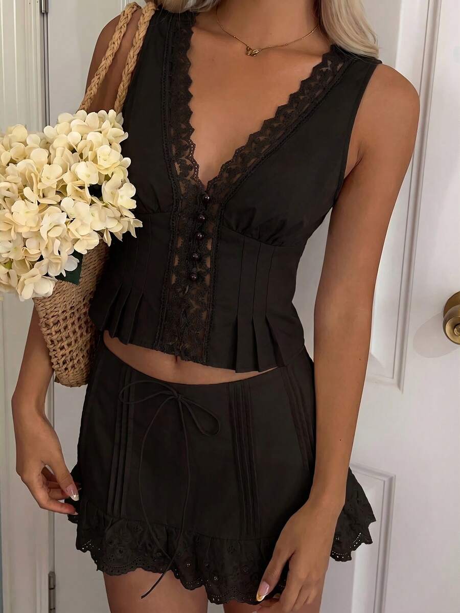 SHEIN EZwear 女士蕾丝拼接V领无袖上衣和半裙套装(2件套),咖啡棕色,夏季 - 咖啡棕 - 查看 1