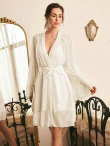 French Romantic Elegant Satin & Lace Camisole Mini Nightgown With Sheer Robe Set For Women - Champagne - View 3