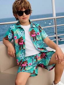 SHEIN Conjunto de camisa de manga corta y pantalones cortos con estampado de plantas tropicales para niño pequeño, conjunto de verano de 2 piezas para niños - Verde - Ver 4