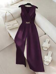 Franclia Bộ jumpsuit không tay cổ chữ V, thắt eo, màu hồng, ống rộng, trang trí kim loại, thanh lịch, phù hợp cho nữ, thích hợp cho mùa xuân/hè. - Màu tím - Xem 3