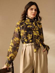 Anewsta Women's Autumn Mandarin Collar Vintage Textured Chiffon Fabric Floral Print Elegant Long Sleeve Blouse Brunch Black - Black - View 6