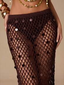 SHEIN BAE Heavily Beaded Sexy Niche High-Waist Slimming Skirt, Versatile For Vacation & Formal Events - Brown - View 3
