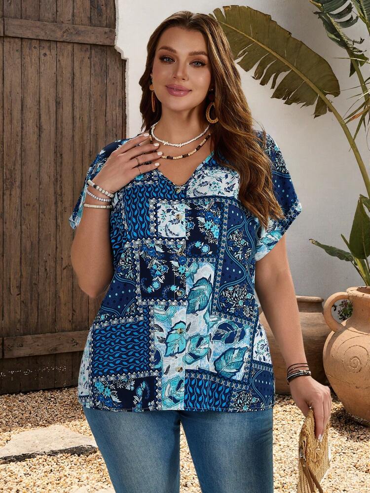 Plus Size All-Over Print V-Neck Short Sleeve Shirt, Summer Beach Outfits For Women Summer Tops Summer Outfit For Women