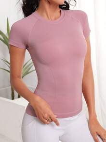 Breezaya Women's Seamless Round Neck Short Sleeve Sports T-Shirt In Solid Color Compression Shirt Fitted Shirt Workout Tank Top Gym Shirts - Dusty Pink - View 6