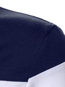 Manfinity Homme 男士休閒通勤對比條紋印花長袖半拉鍊 Polo 衫，春秋款，正式 - 彩色 - 查看 5