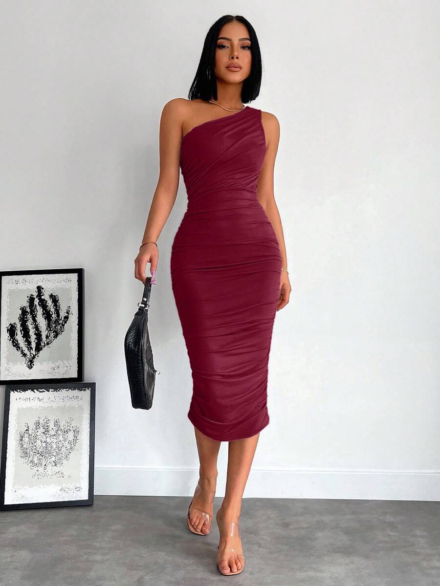EURMUSE Women's Solid Color Minimalist Casual Asymmetrical Shoulder Dress - Burgundy - View 1