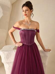 Poshira Women's Off Shoulder Rhinestone Decor Ruched Waist Elegant Cocktail Dress Women's Sequin Mermaid Formal Evening Gown One Shoulder Formal Dress Purple Women Evening Dress Gowns Glamorous Dress Dress Elegant Gala Dress Elegant Valentines Dress Elegant Dress Sequin Dress Pink Red Dress Floral Dress Valentines Dress Elegant Dress Sequin Dress Floral Dress Luxury Graduation Ceremony, School Opening, Music Festival, Birthday Party, Wedding, Afternoon Tea Gathering, Ball - Burgundy - View 5