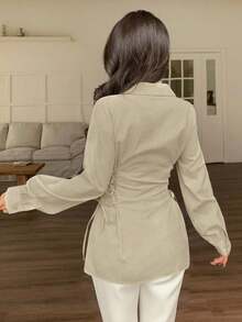 Modelyn Áo sơ mi nữ dài tay màu trơn có dây rút, kiểu dáng thời trang. - Màu Khaki - Xem 6