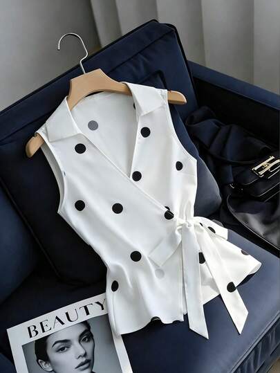 GlowEve Áo vest cổ bẻ chấm bi trắng sang trọng kiểu Pháp, thắt nơ bên hông, dáng ôm thanh lịch, thích hợp mặc đi làm.