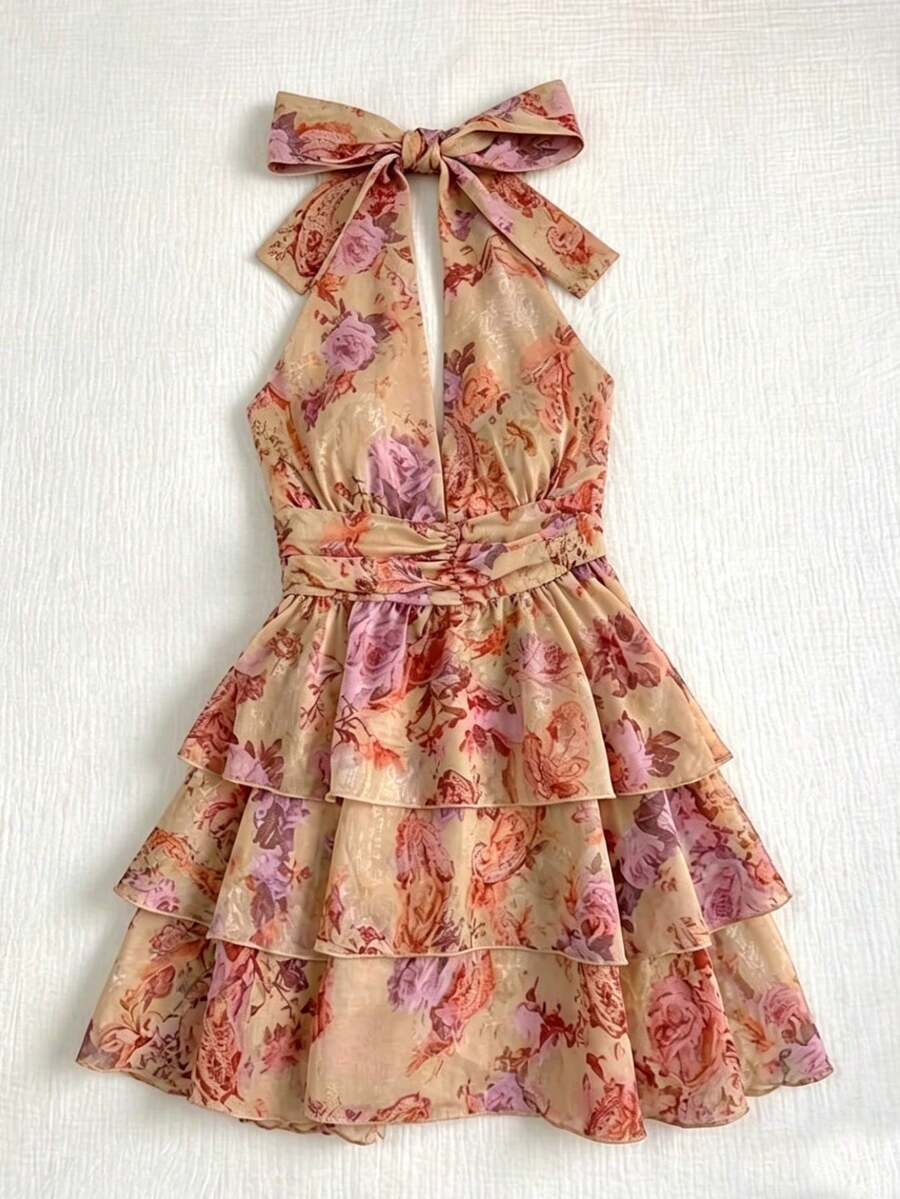 Everyssa 女士印花露背系带褶皱休闲派对连衣裙 - 彩色 - 查看 1
