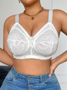 DesireSculpt Plus Size Lace Patchwork Wireless Bra White Summer - White - View 5