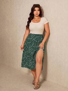 Elaquor Women's Black Crew Neck Knit Top And Printed Split Hem Skirt 2 Piece Set, Plus Size - Dark Green - View 6