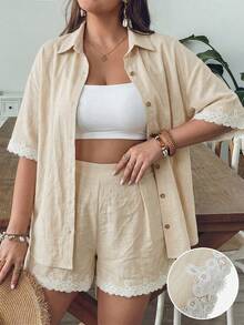 EMERY ROSE Plus Size Lace Patchwork Front Button Blouse And Shorts Casual 2 Pieces Set - Apricot - View 4