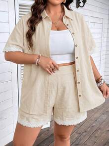 EMERY ROSE Plus Size Lace Patchwork Front Button Blouse And Shorts Casual 2 Pieces Set - Apricot - View 3