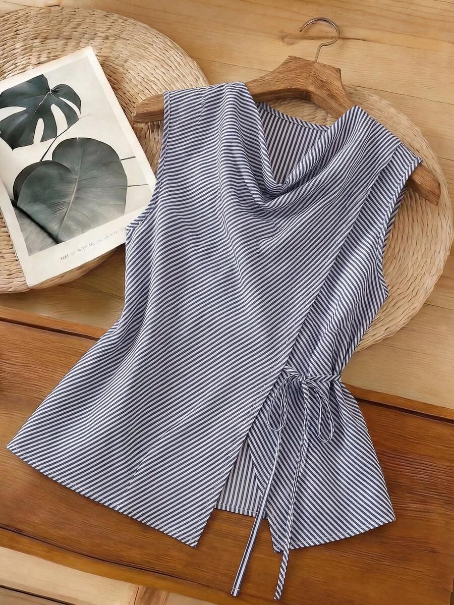 SHEIN Franclia Áo sơ mi kẻ sọc kiểu dáng thường ngày mới cho mùa hè - Màu xanh lam - Xem 1