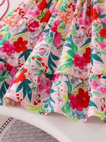 Elladie kids Vestido elegante con estampado floral rosa para niñas, estilo hada de verano, manga volada, espalda abierta con lazo, cintura con lazo, a juego para vacaciones familiares, vestido de viaje de vacaciones - Rosa - Ver 9