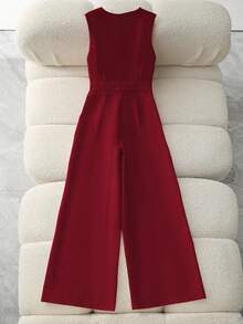 Franclia Bộ jumpsuit không tay cổ chữ V, thắt eo, màu hồng, ống rộng, trang trí kim loại, thanh lịch, phù hợp cho nữ, thích hợp cho mùa xuân/hè. - Màu Đỏ Sâu - Xem 2