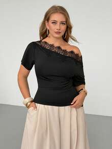 Auralis Plus Size Summer Casual Curve Elegant Solid Color Lace Patchwork Asymmetrical Shoulder Bodycon T-Shirt Trim Black For Women Off Cocktail - Black - View 2